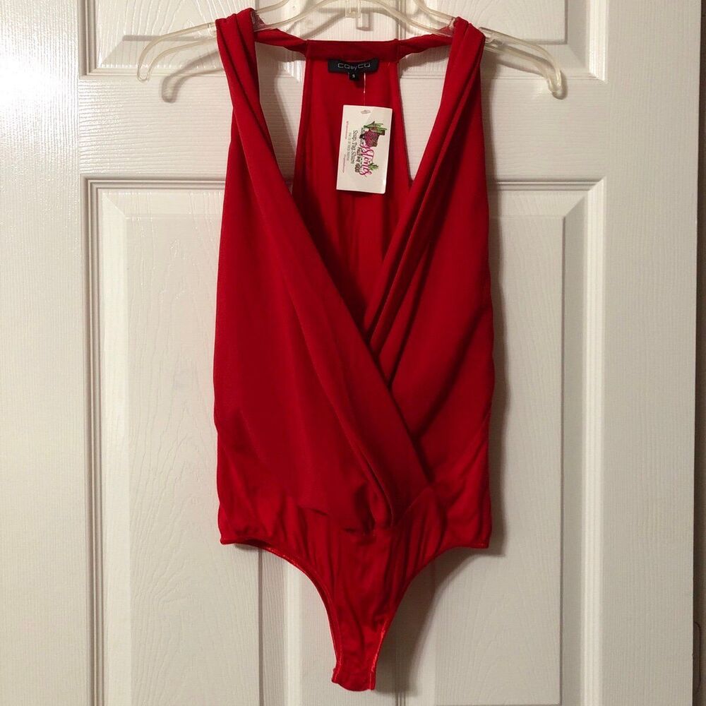 NWT! Womens Bodysuit Size Small Red V-Neck